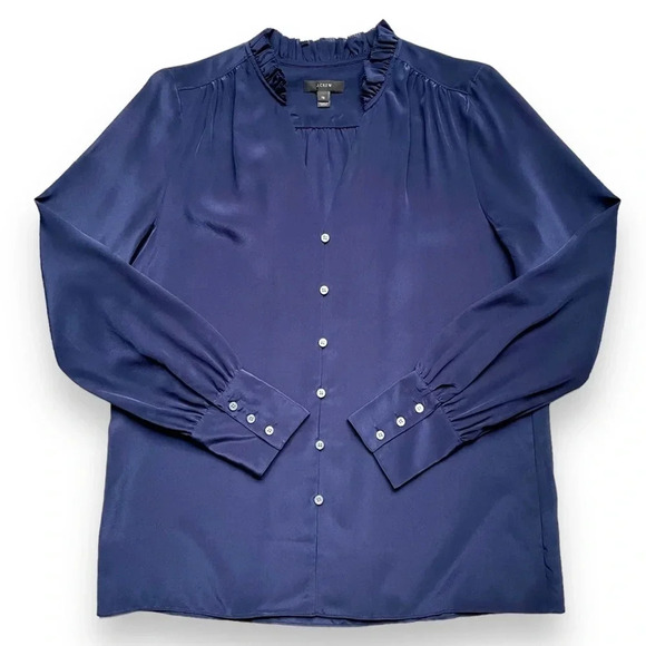 J.Crew Navy Silk Button Up Ruffle Blouse - Picture 1 of 4